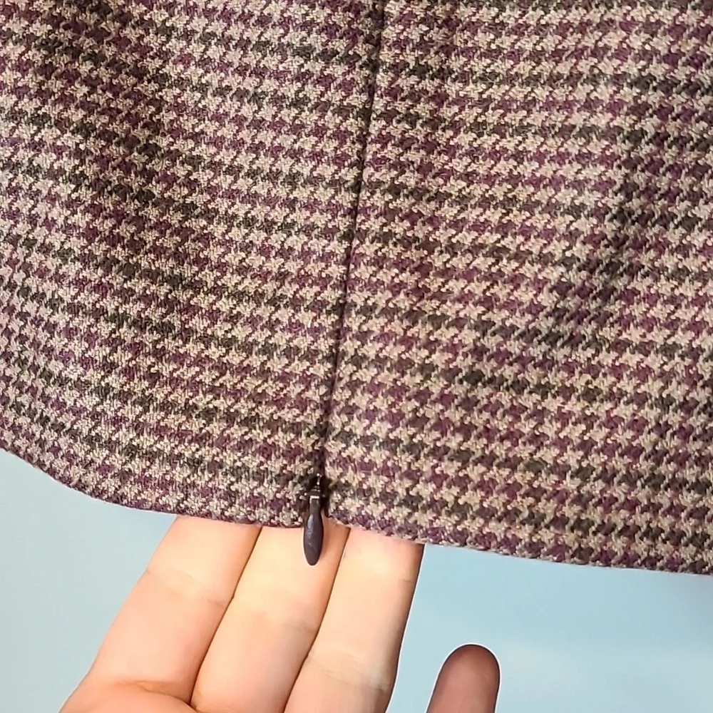 Akris Cashmere Plaid Skirt 6 Houndstooth Burgundy Brown Old Money Luxury Preppy - Picture 6 of 9